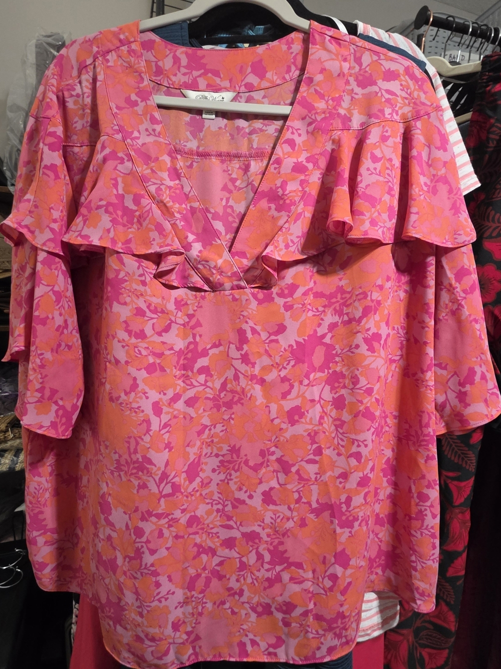 The PIONEER WOMAN Pink and Orange Floral Ruffle V-Neck Blouse